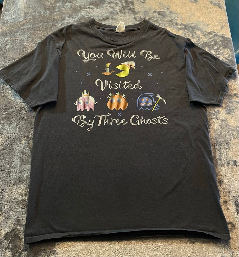 Vintage Pac-Man Christmas Mens L T Shirt "You Will Be Visited By Three Ghosts"
